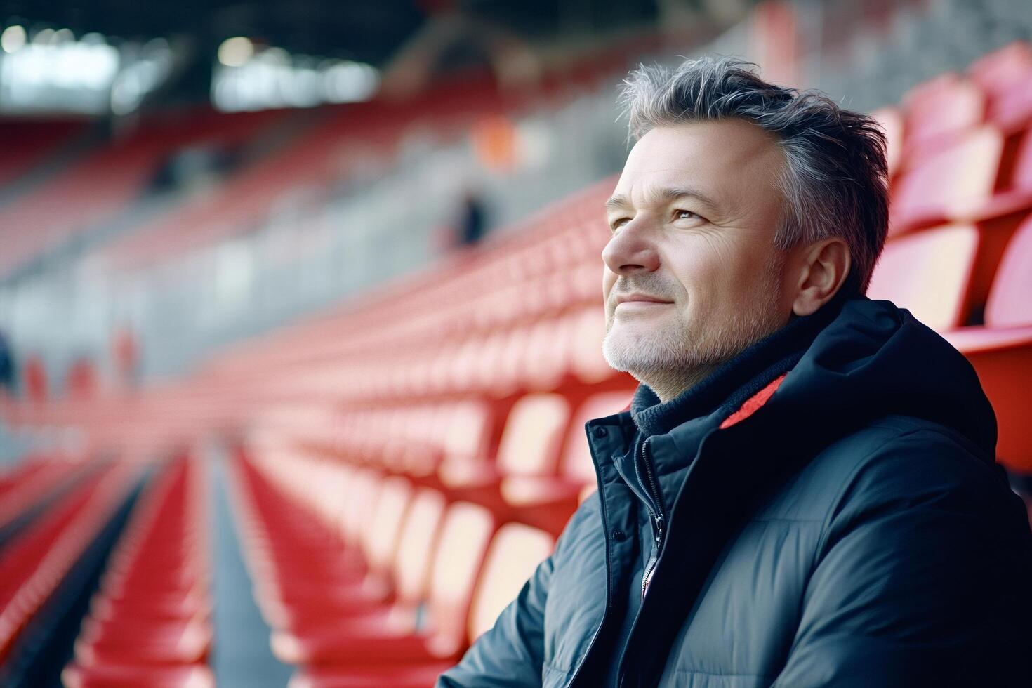 Football coach watching match in empty stadium pensive man enjoying view photo