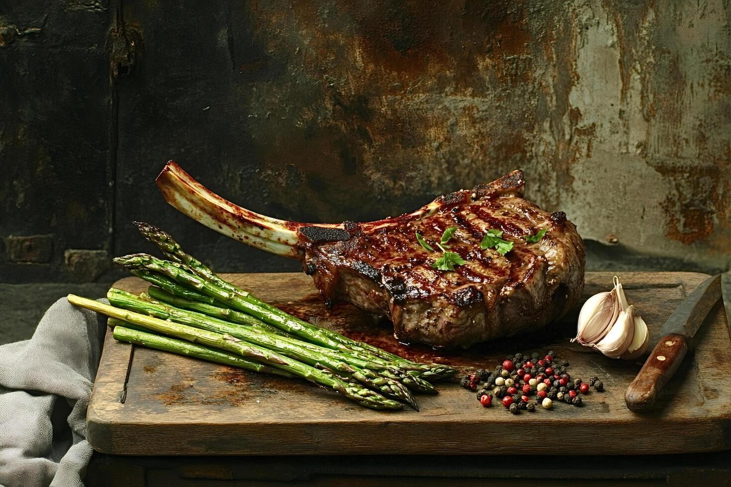 Grilled tomahawk steak with asparagus, garlic, and peppercorns on cutting board photo