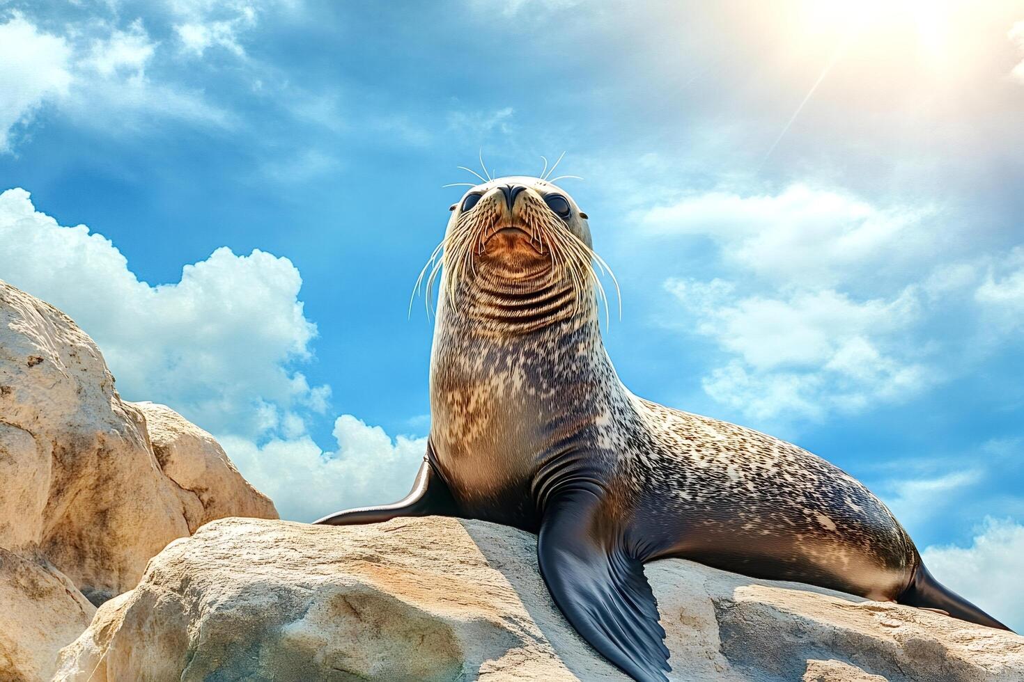 Wild sea lion resting on a rock under a cloudy sky photo