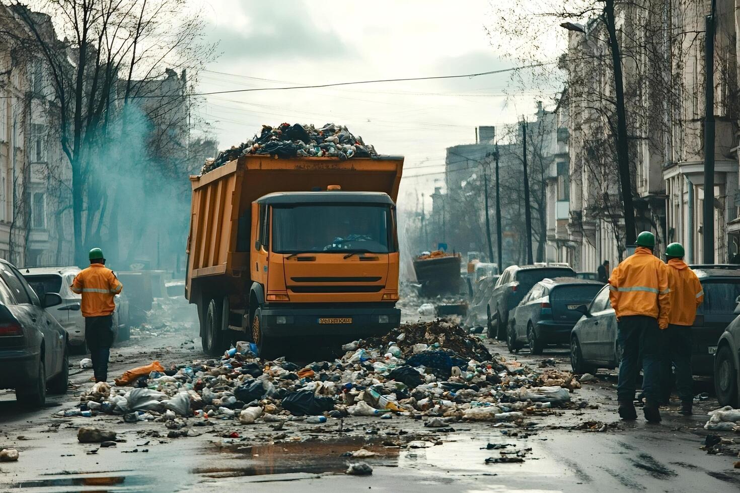 Garbage truck cleaning up a pile of trash on city street with sanitation workers photo