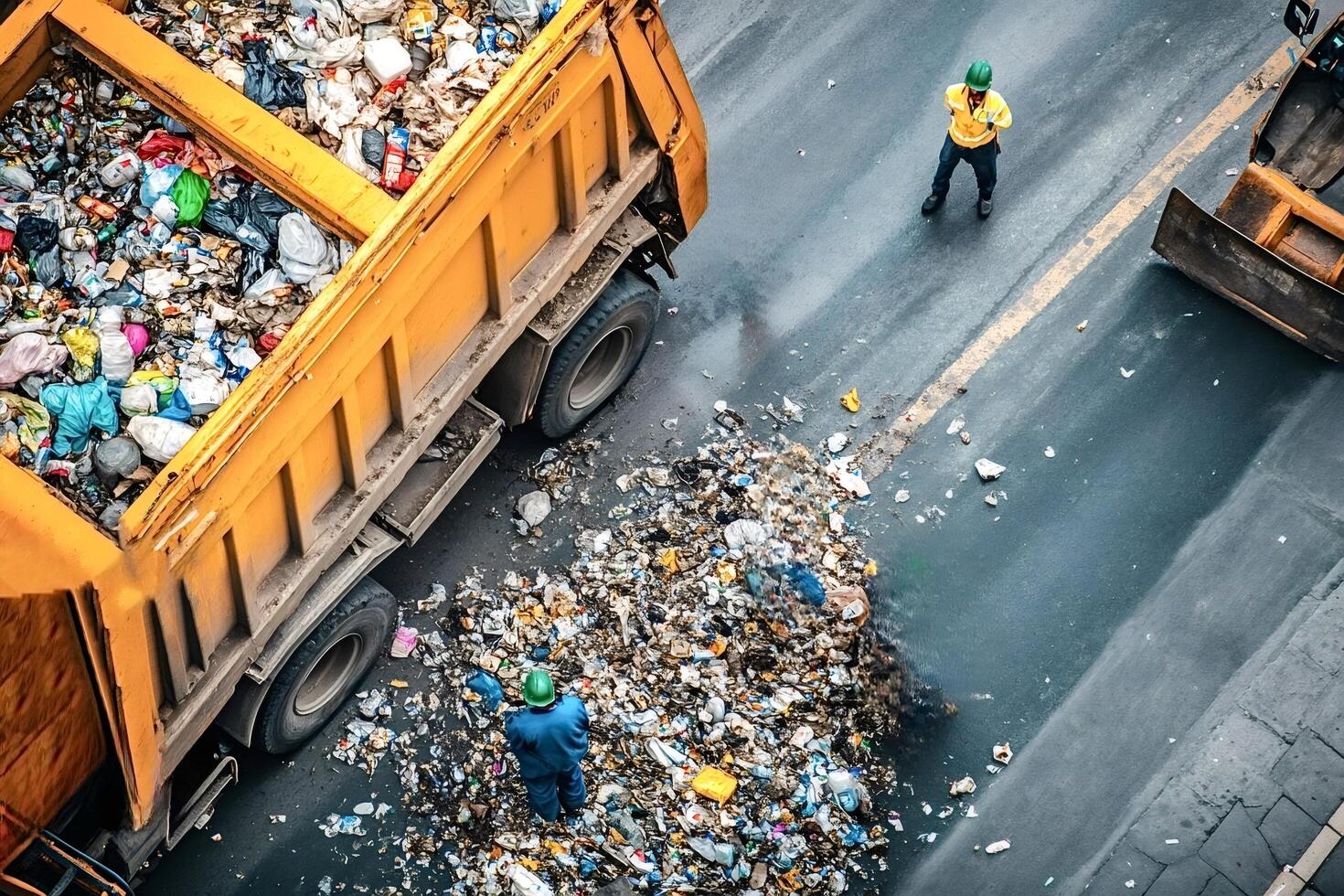 Garbage truck losing its load and scattering trash on the road photo