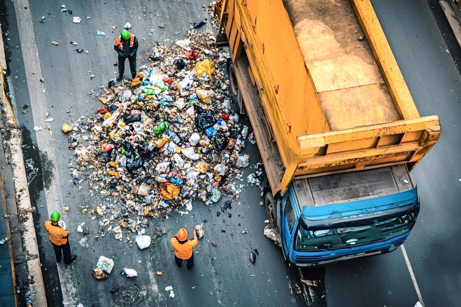 Garbage truck unloading waste on the street with sanitation workers photo