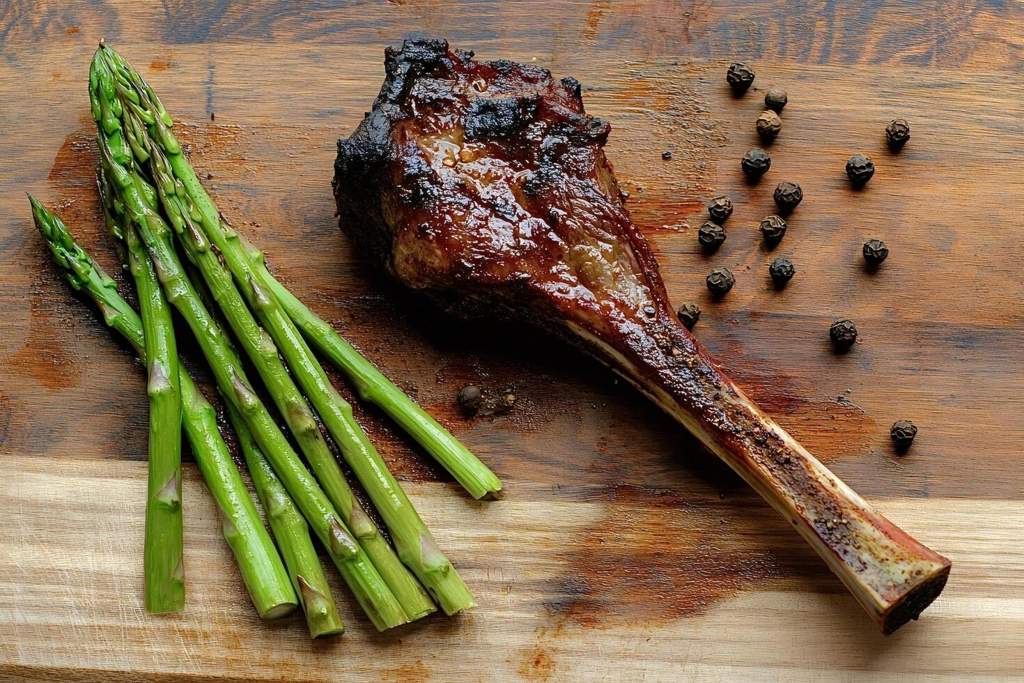 Grilled lamb chop with asparagus and black pepper on wooden cutting board photo