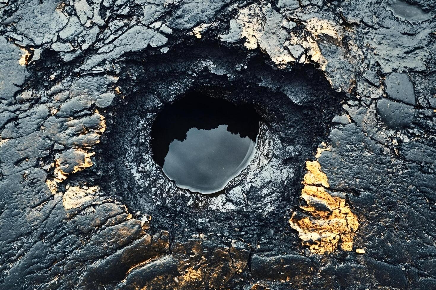 Water reflecting sky in hole on cracked asphalt surface photo