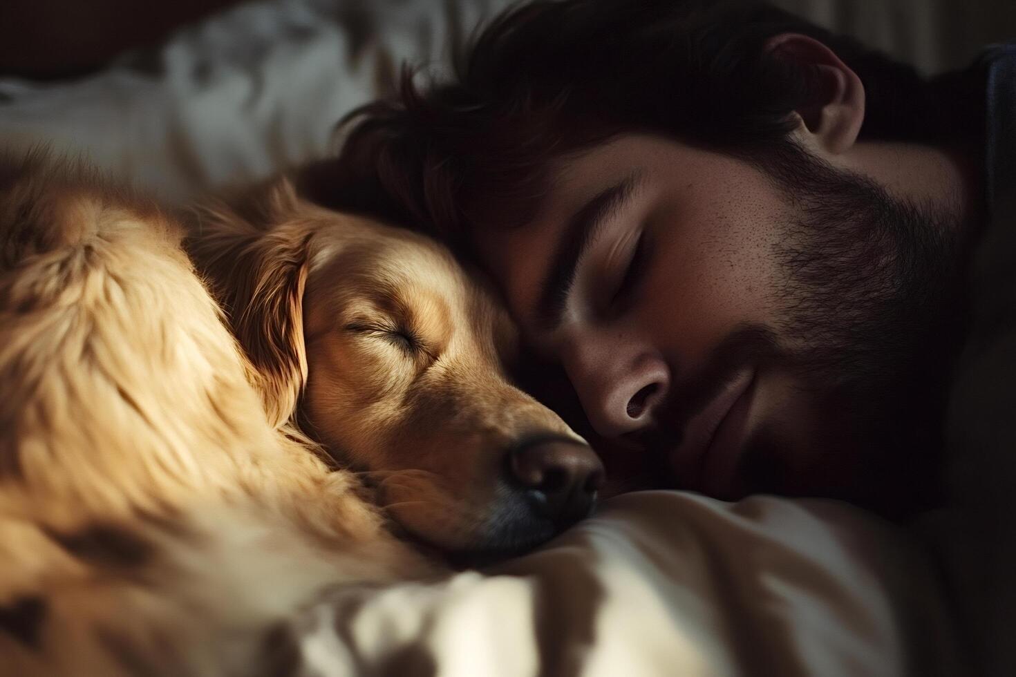 Man and golden retriever sleeping peacefully together in bed photo