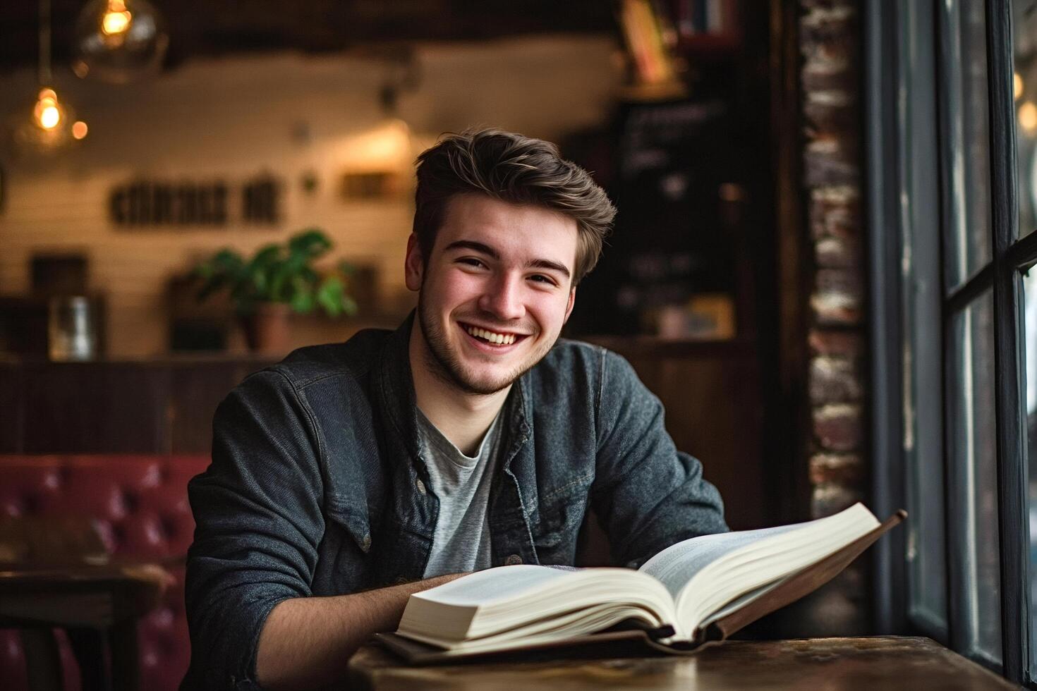 Happy student smiling and reading a book in a cafe photo