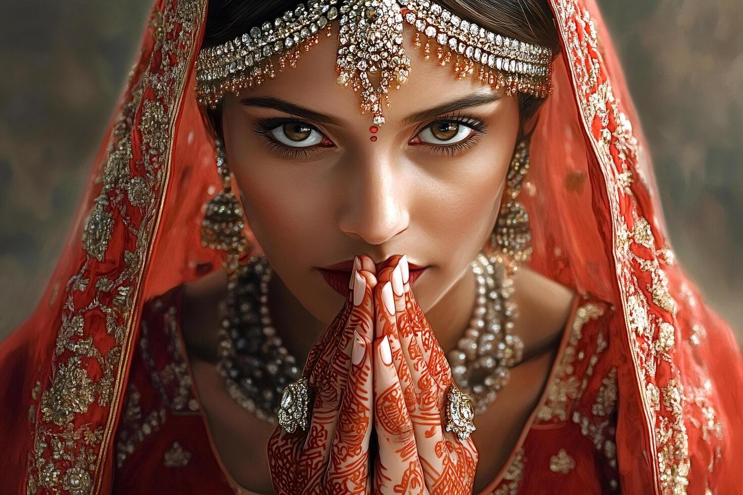 Indian bride praying with hands showing henna tattoo and wearing traditional jewelry photo