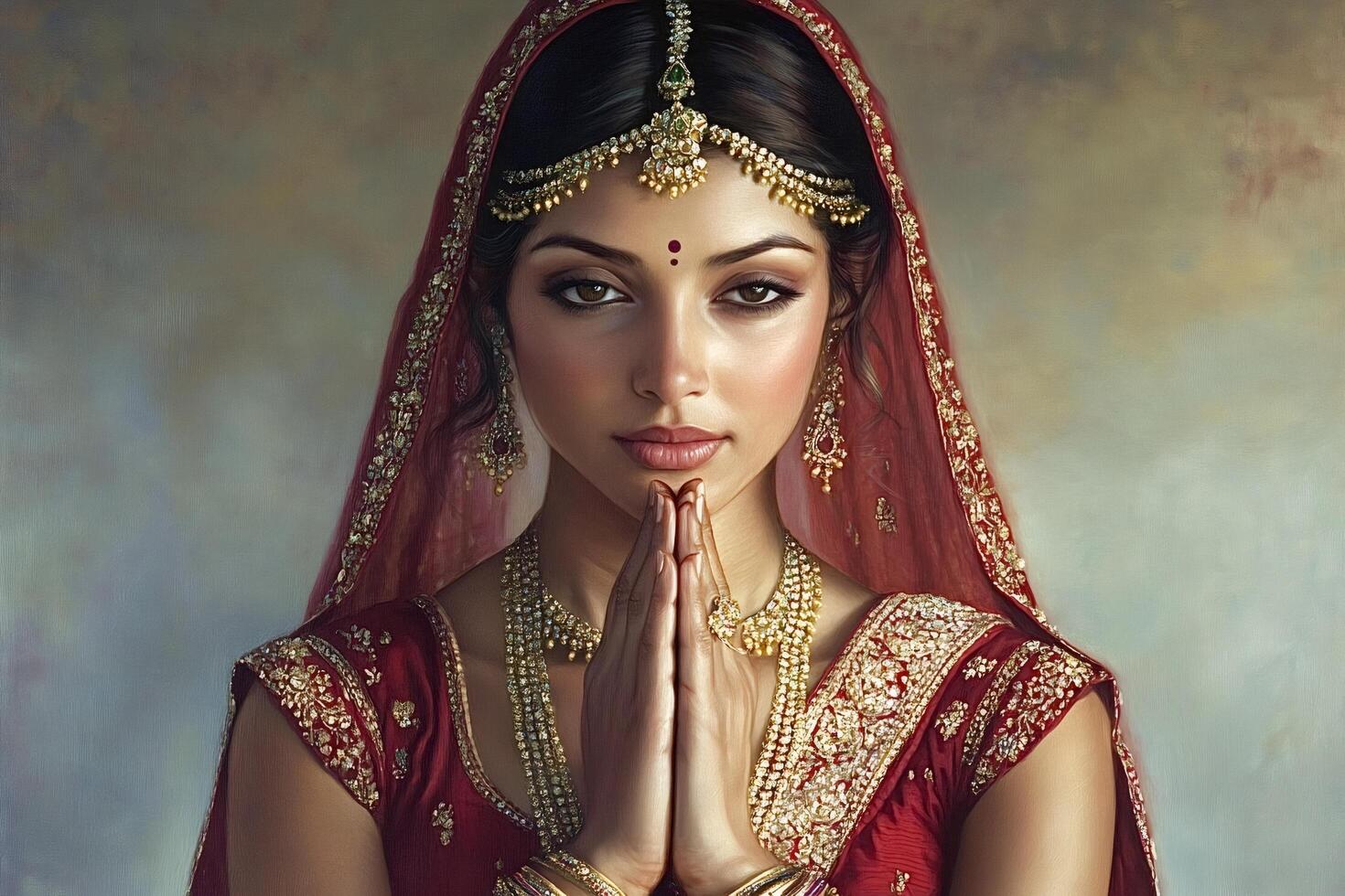 Beautiful indian woman wearing traditional clothes and jewelry praying photo