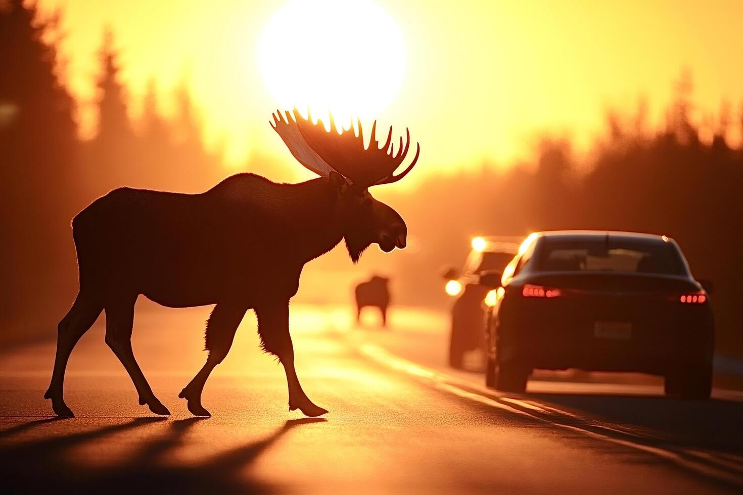 Majestic moose crossing road at sunset photo