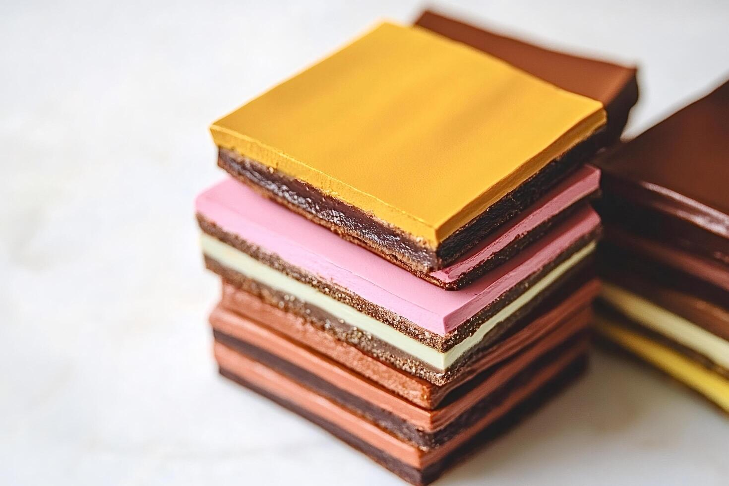 Stack of colorful handcrafted chocolate bars with various flavors photo