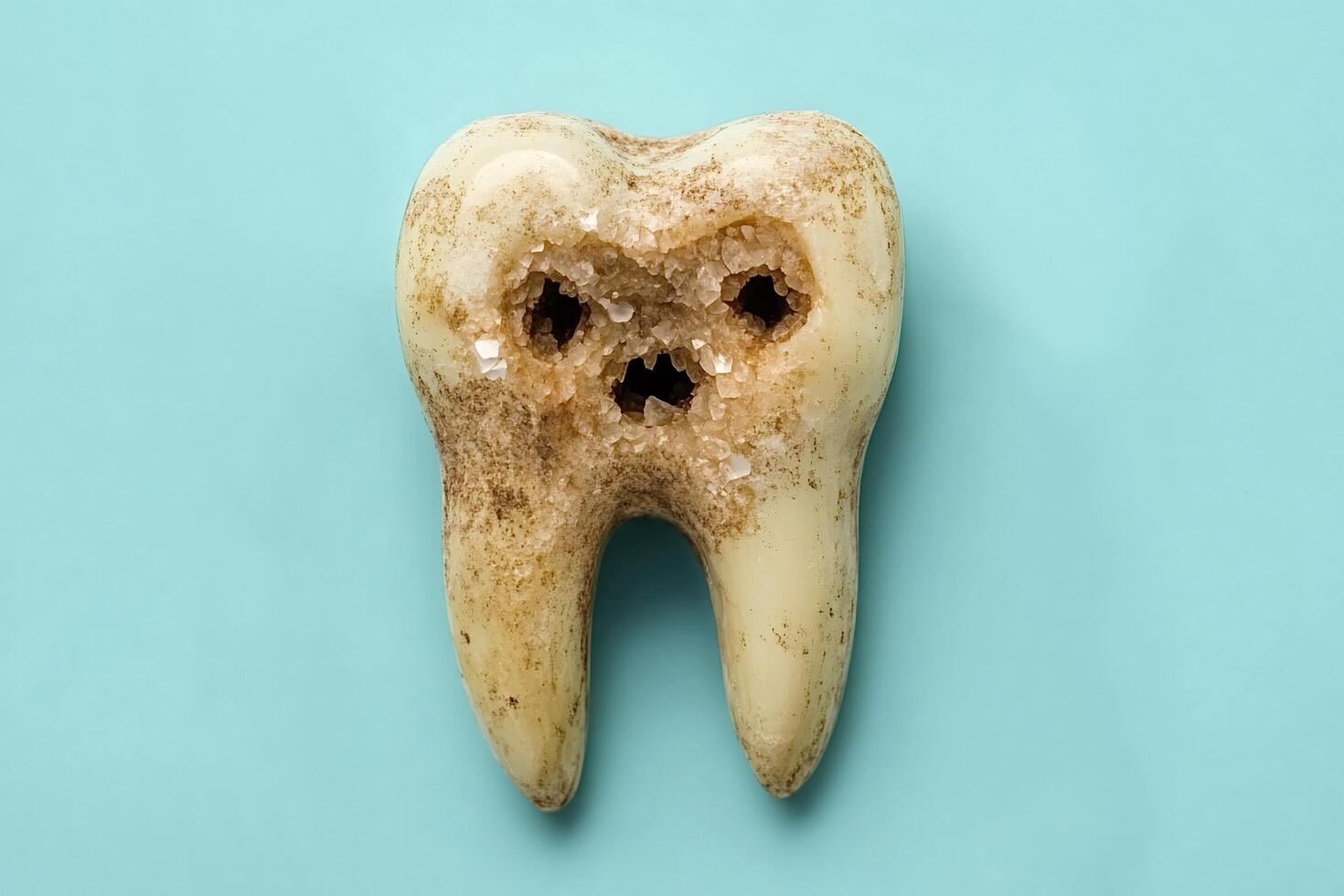 Decaying tooth covered in sugar crystals on turquoise background photo