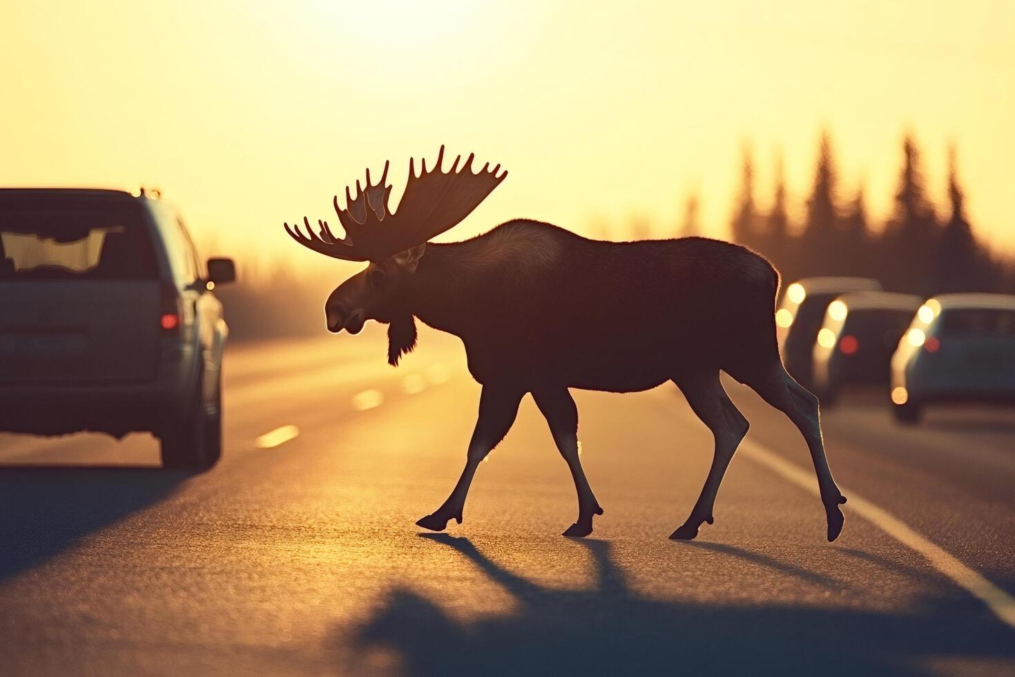 Moose crossing the road at sunset, causing traffic jam photo