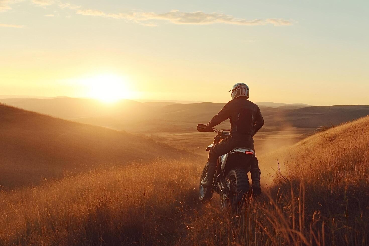 Motorcyclist riding enduro motorcycle watching golden sunset over hills photo