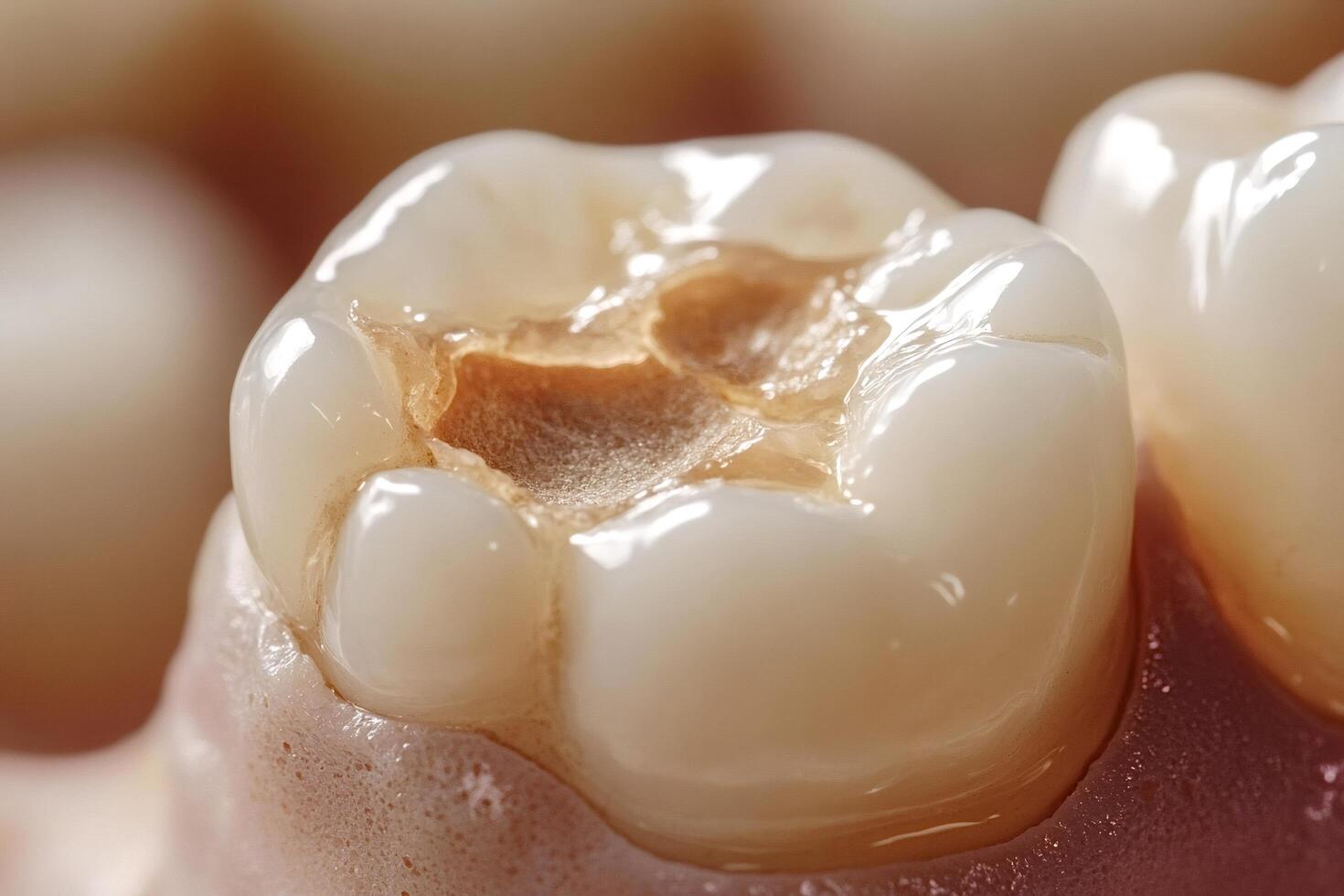 Damaged tooth showing decay and filling needs repair by dentist photo