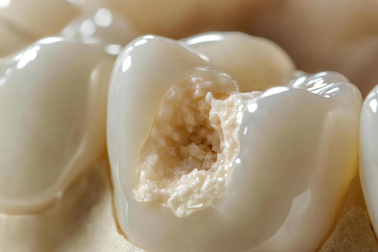 Damaged tooth showing decay and dentin a close-up view photo