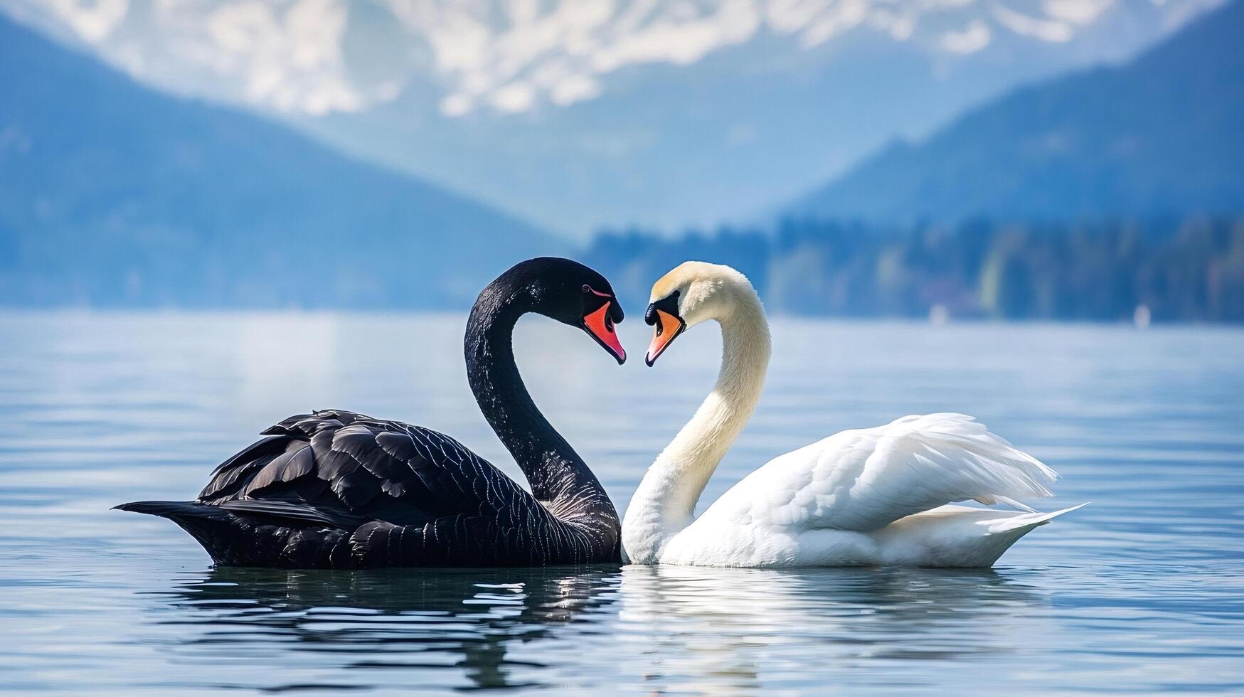 Black swan and white swan forming heart shape on lake photo