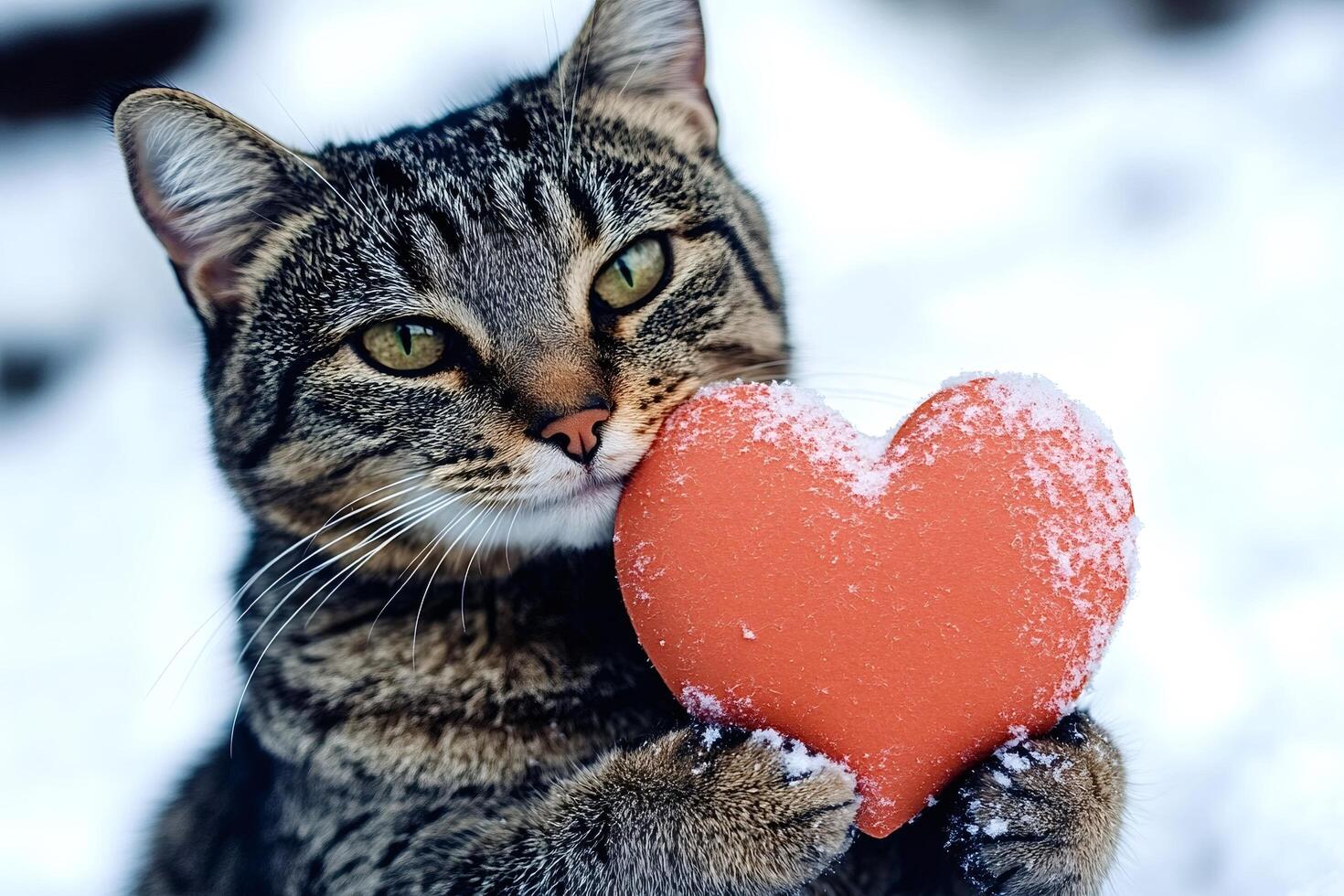 Cute tabby cat holding red heart with snow in winter photo