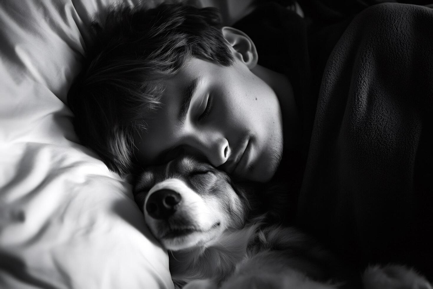 Teenager sleeping with dog on white pillow photo