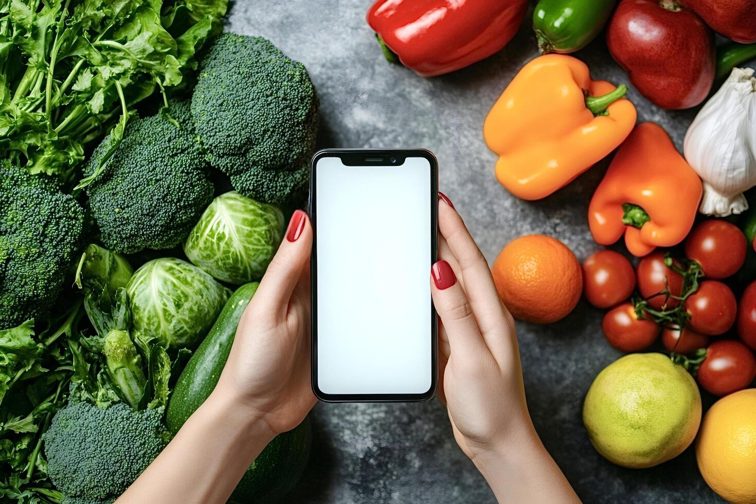 Woman holding smartphone with blank screen ordering groceries online photo