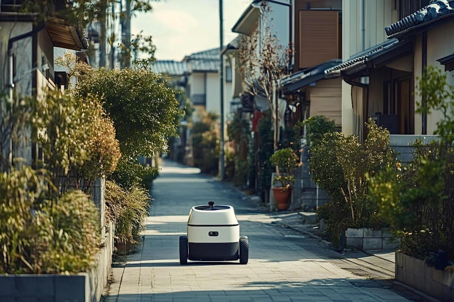 Autonomous delivery robot delivering package in residential area photo