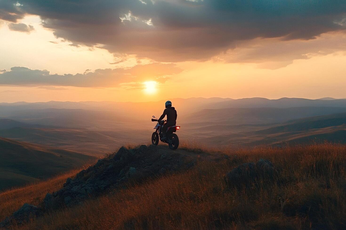 Motorcyclist watching golden sunset over scenic mountains photo