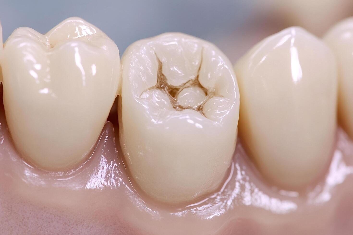 Dental inlay restoring damaged tooth on a model photo
