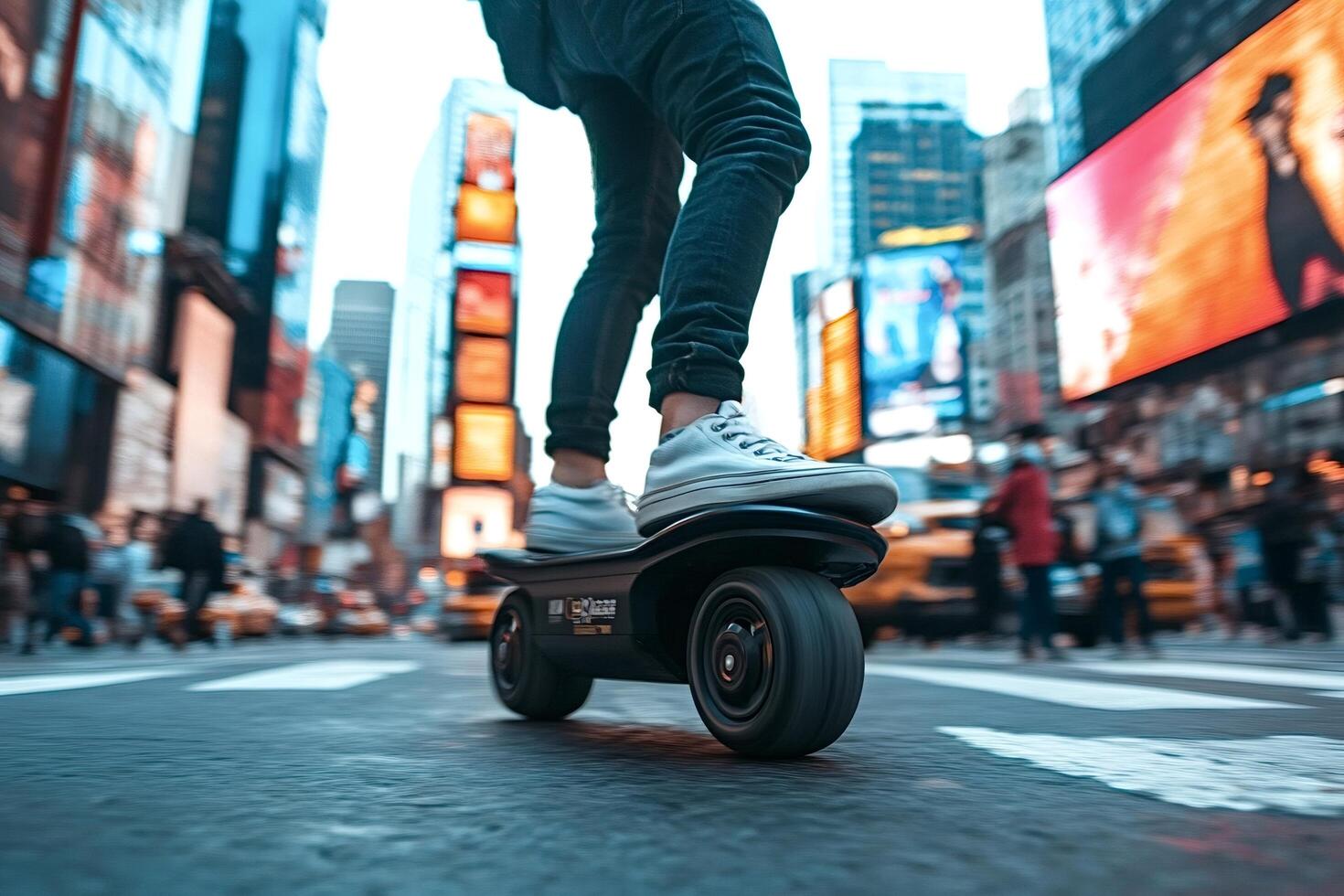 Tourist riding electric skateboard in times square, new york city photo