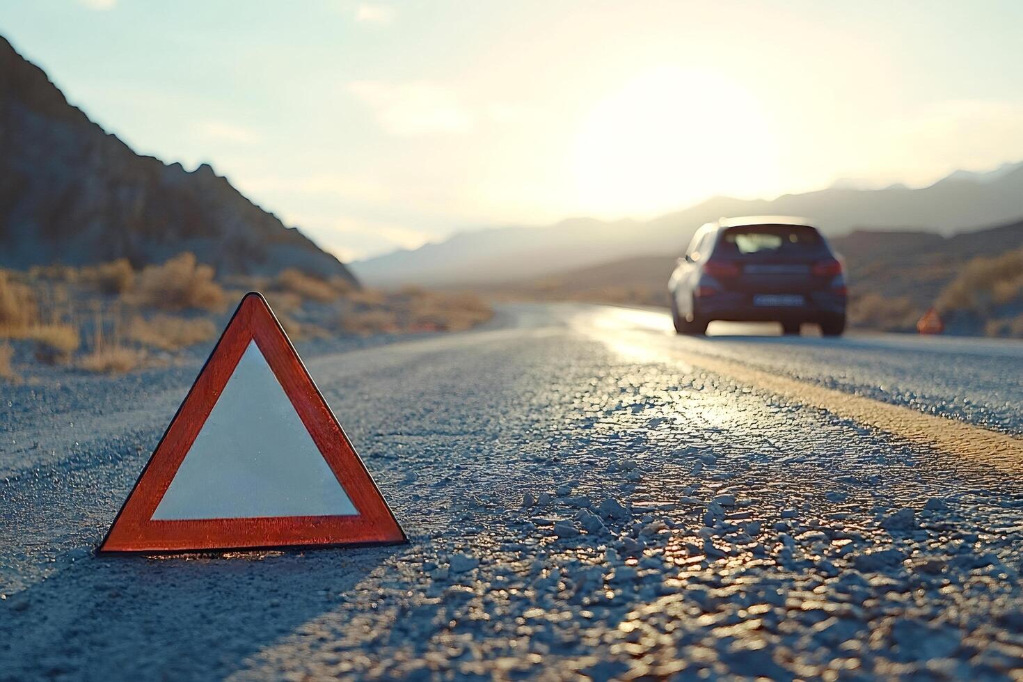 Warning triangle sign on a desert road with broken car photo