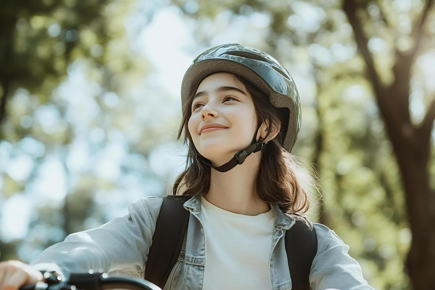 Young student riding bicycle wearing helmet in city park photo