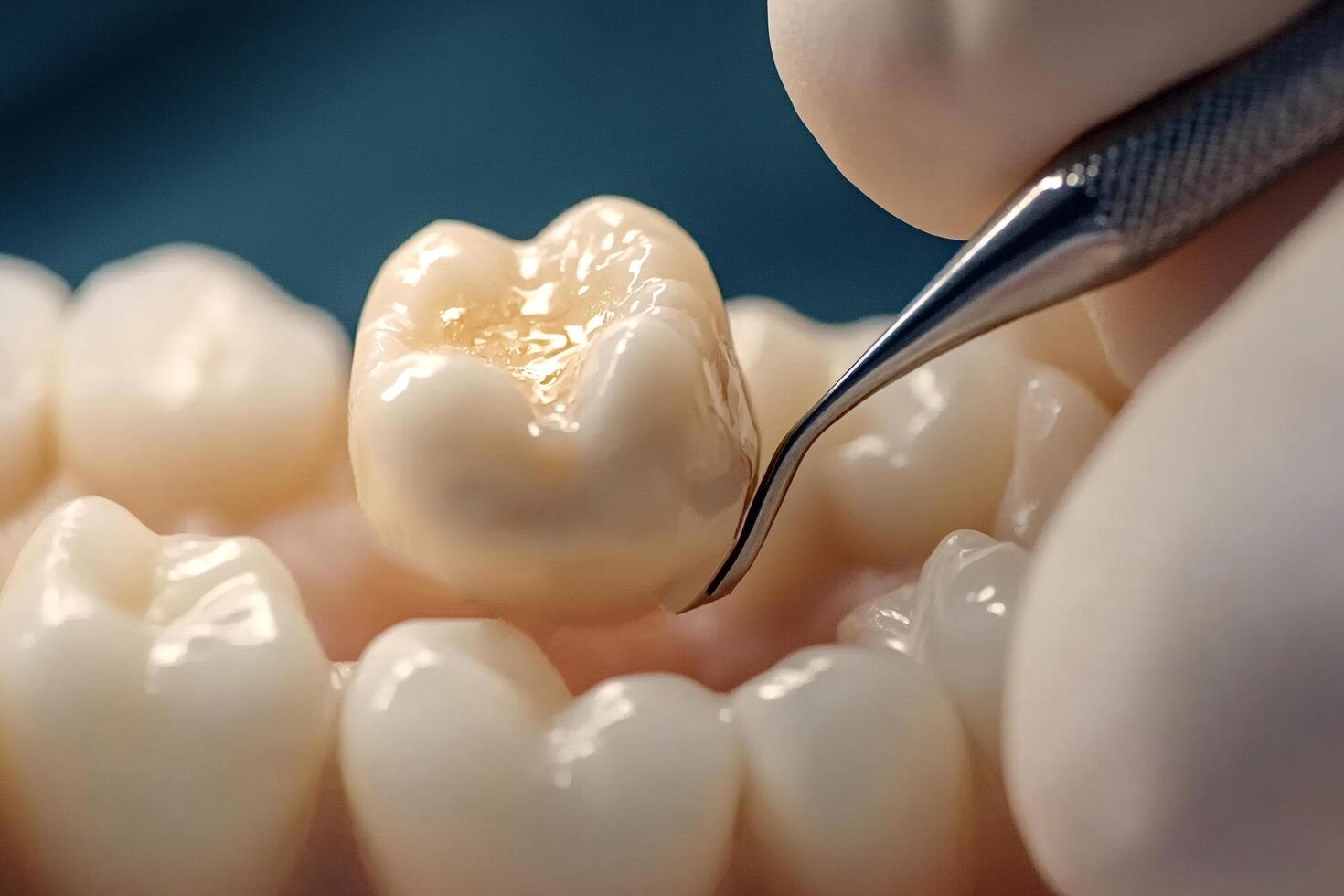 Dentist placing dental filling restoring tooth using tweezers, dental care photo