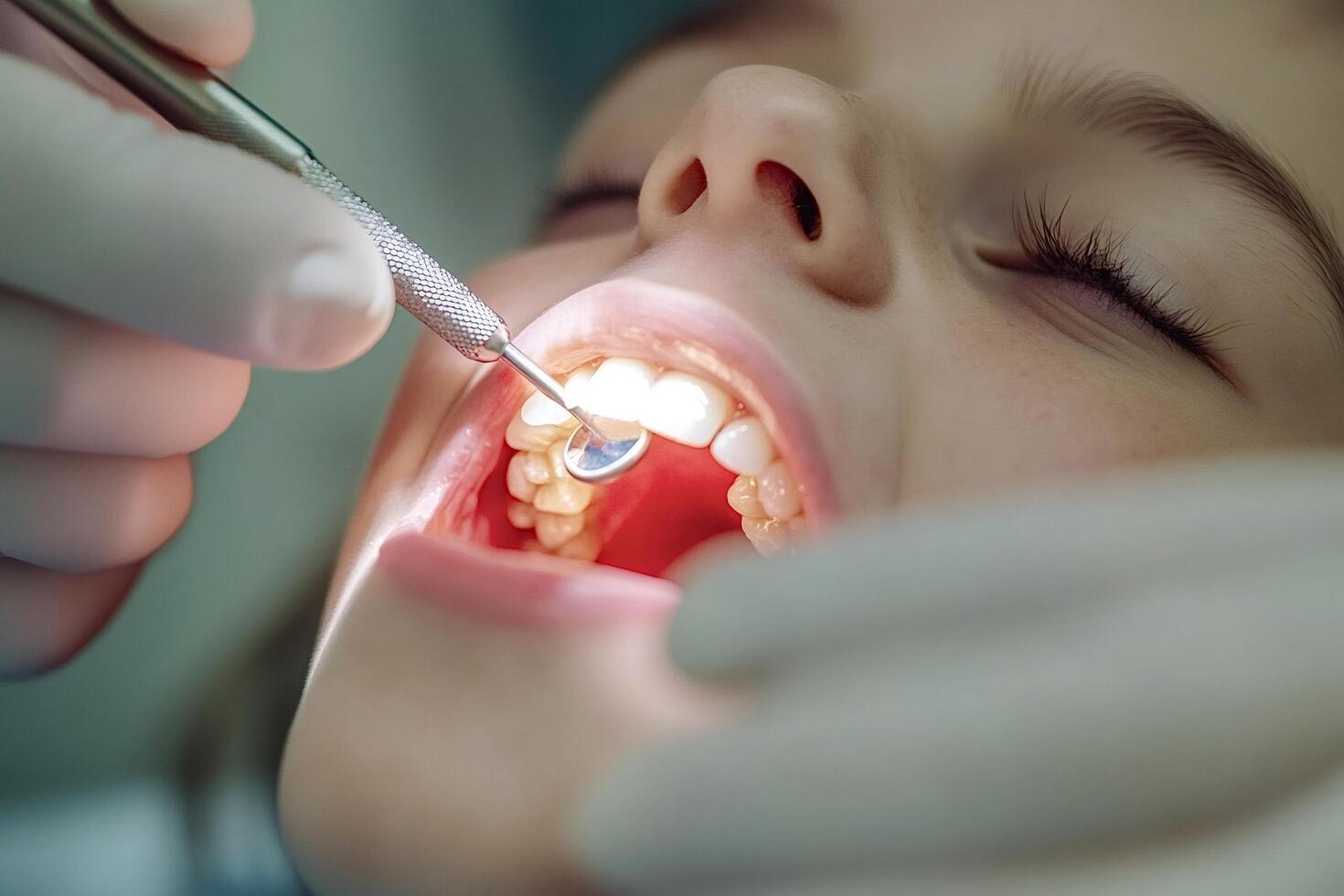 Dentist examining young patient's teeth with dental mirror and probe photo