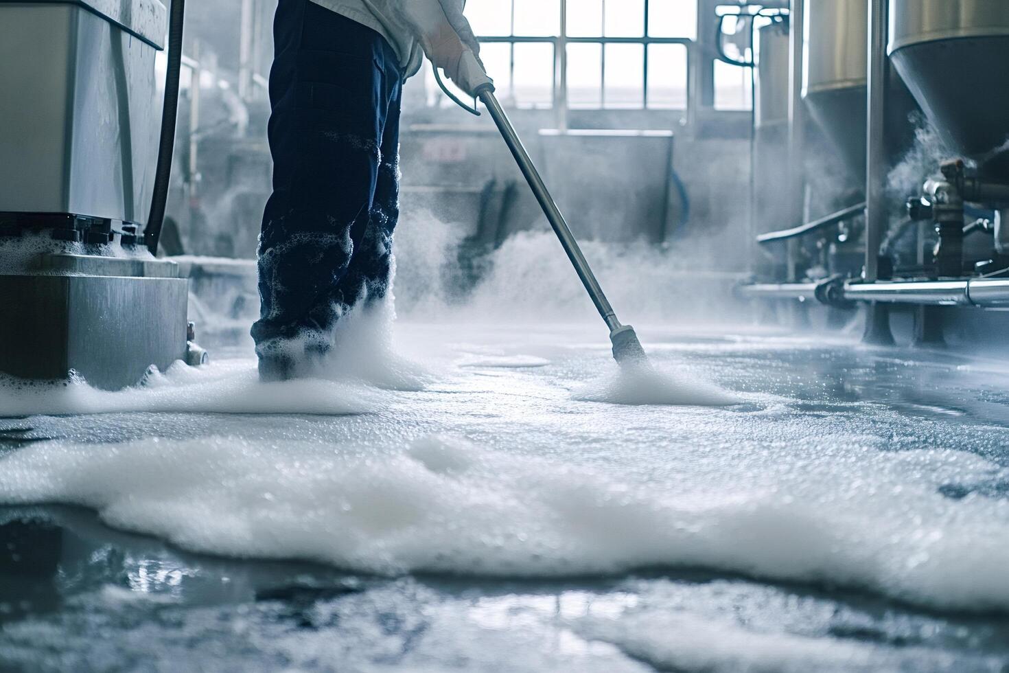 Brewery worker cleaning floor with disinfectant foam and pressure washer photo