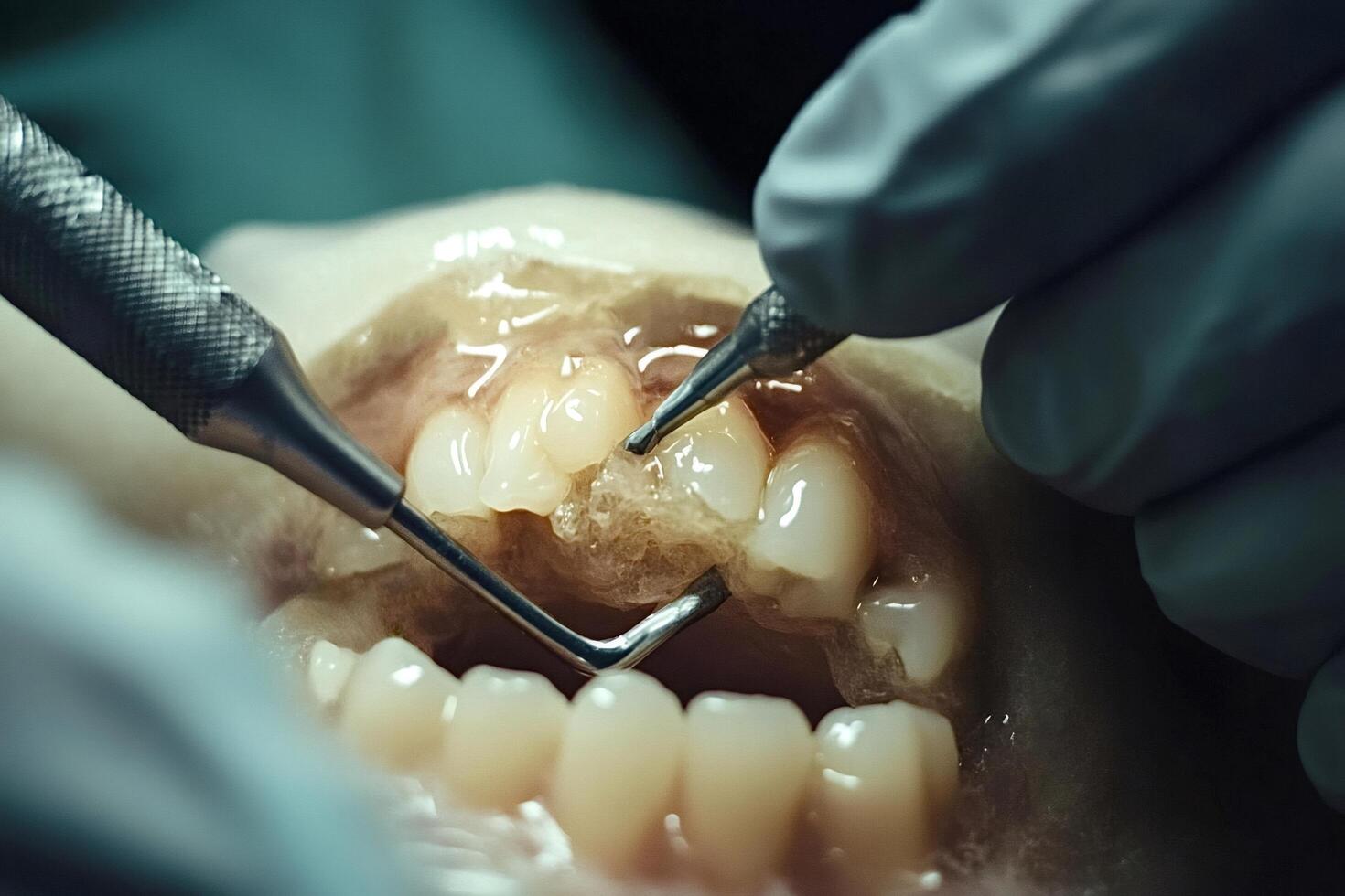 Dentist placing biomaterial in patient's mouth during surgery photo