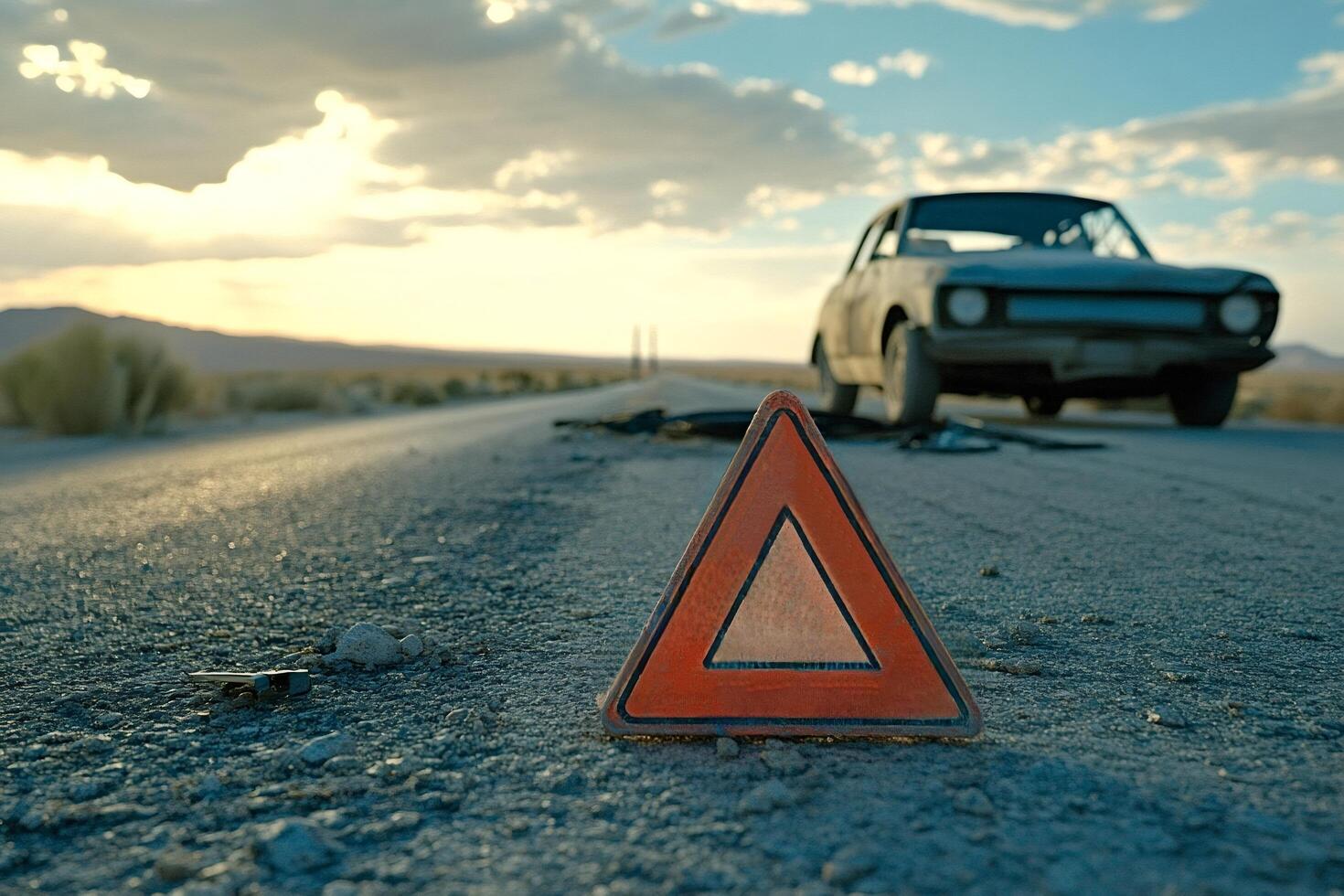 Warning triangle sign showing a broken down car at sunset photo