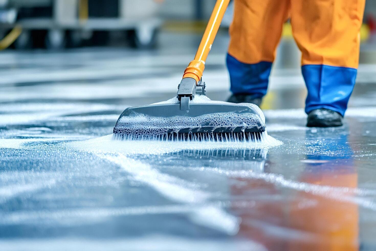 Janitor cleaning floor with soap and water in industrial building photo
