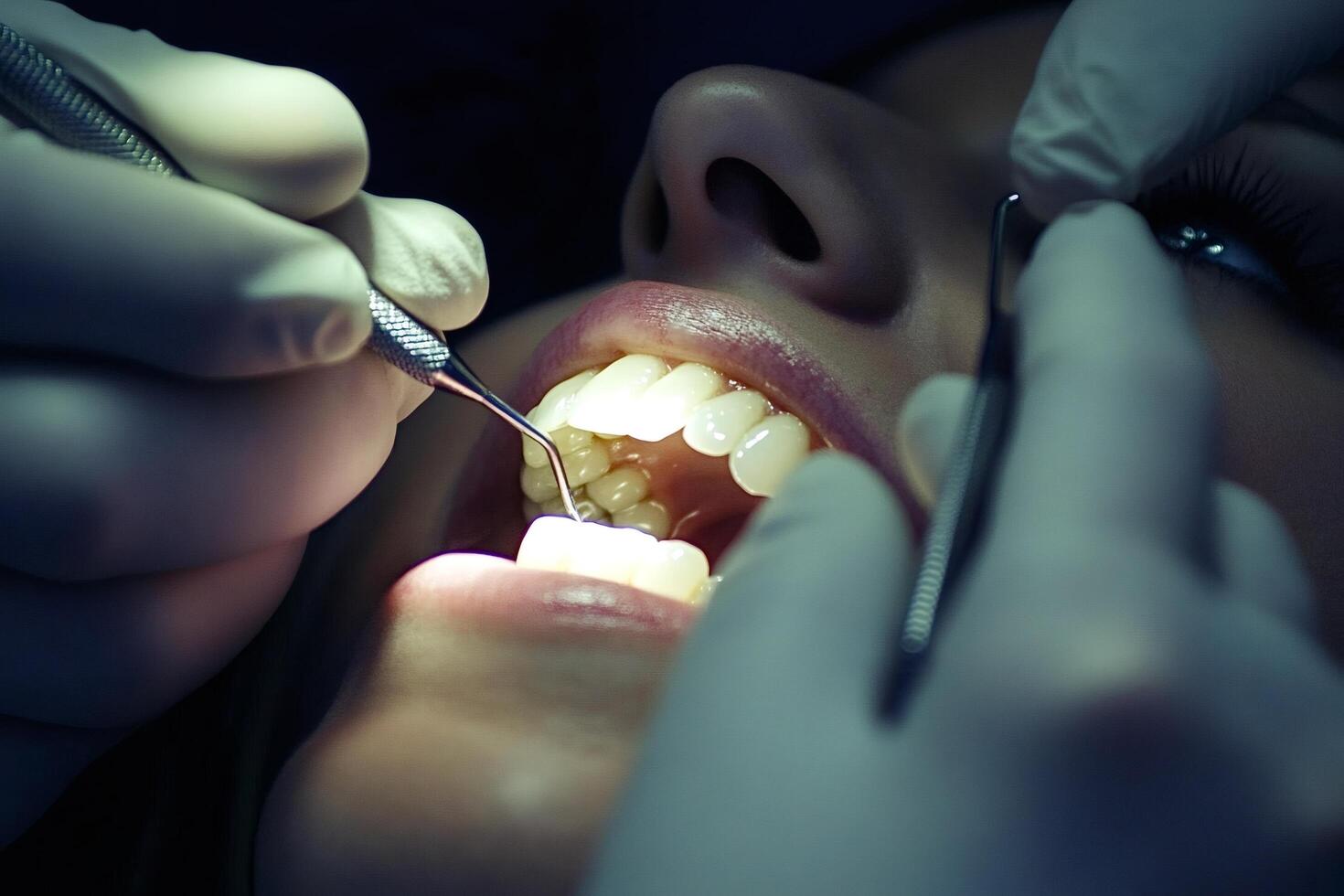 Dentist performing dental check up on patient's teeth photo