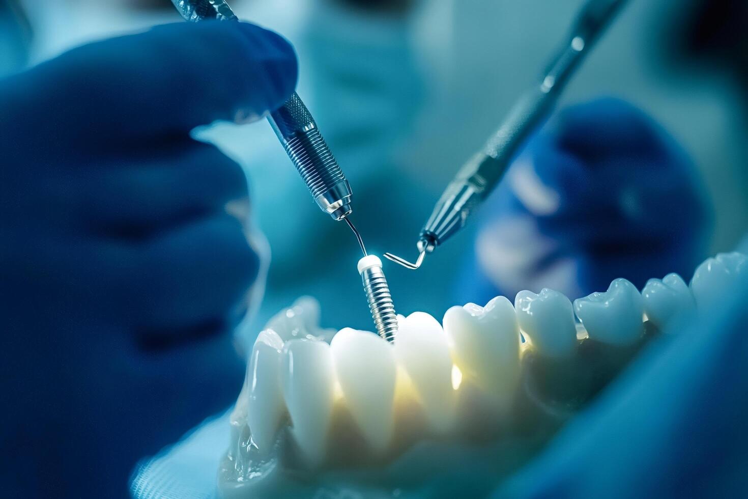 Dentists installing dental implant using surgical instruments photo