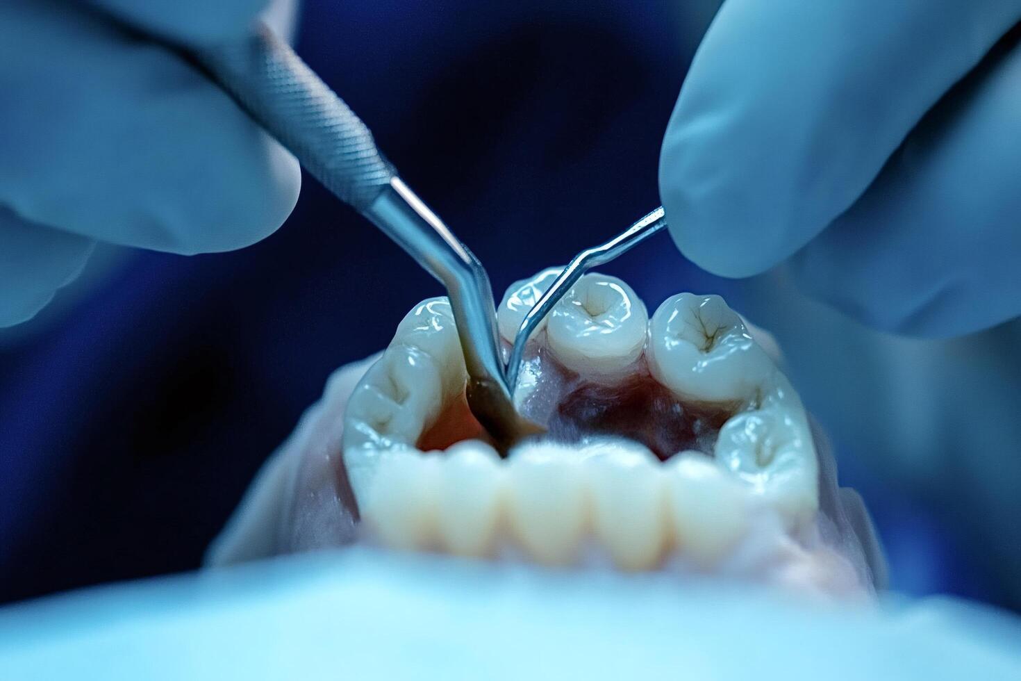Dentist using dental tools is examining patient's teeth during treatment photo