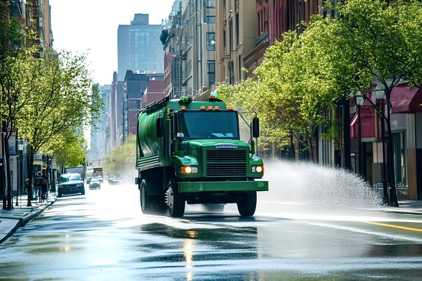 Street sweeper truck cleaning city street on a sunny day photo
