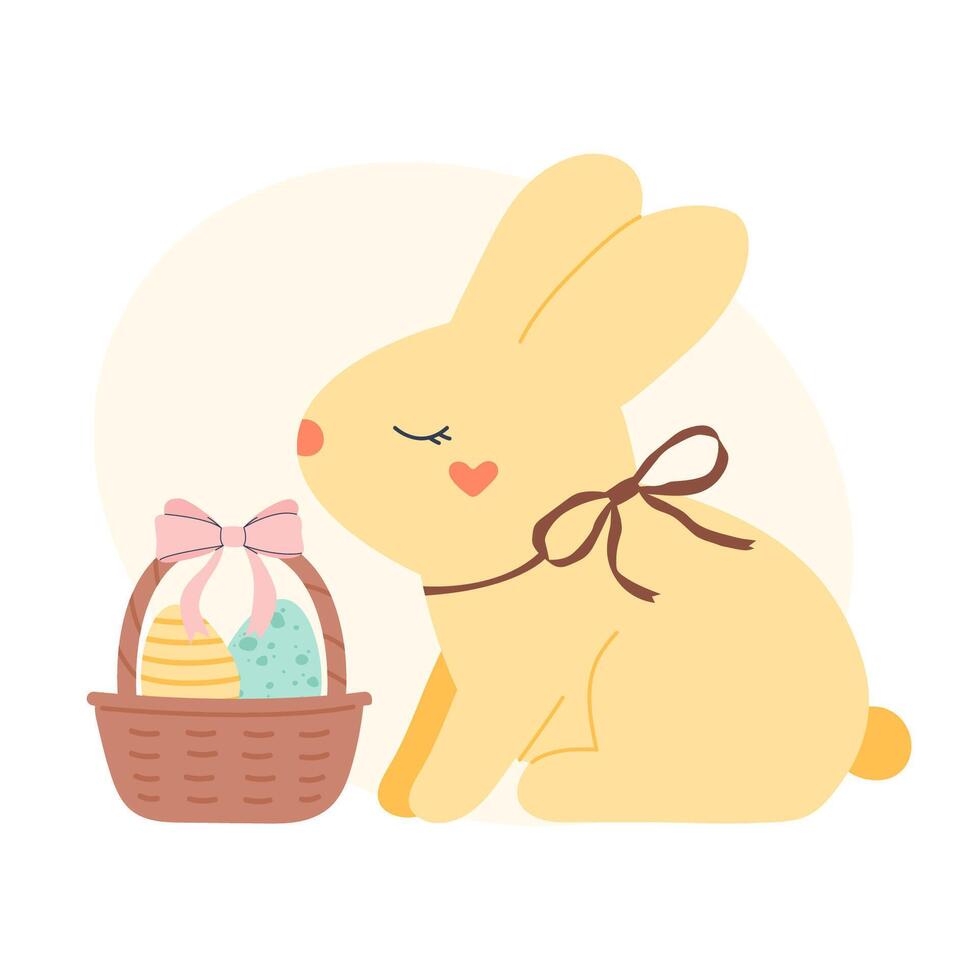 Happy easter rabbit with eggs in basket decoration vector