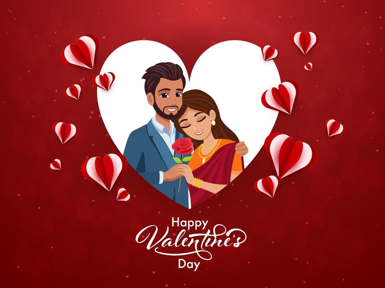 Illustration of Indian Couple Holding Red Rose Surrounded by Paper Hearts on Red Background for Happy Valentine's Day Greeting Card. vector
