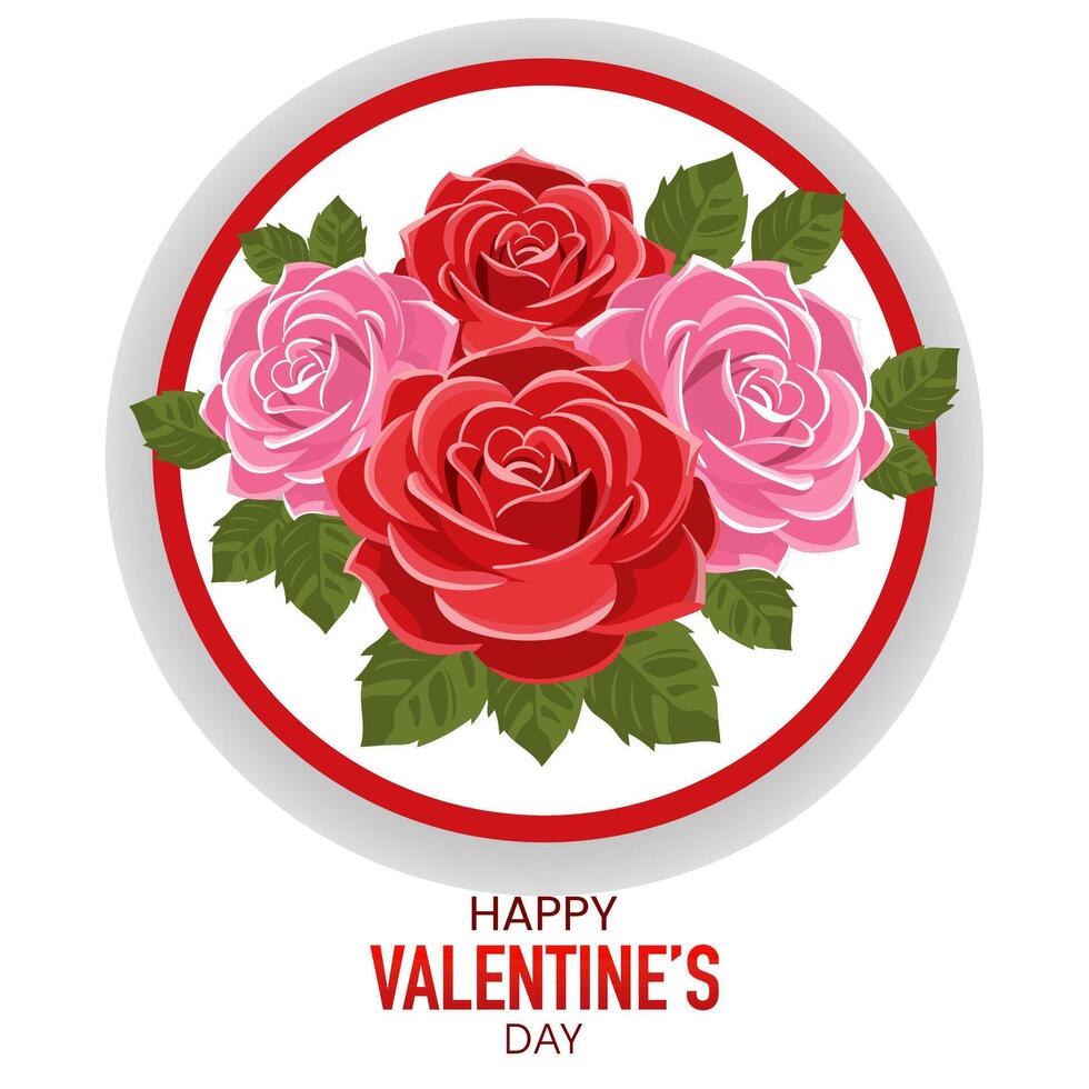 Happy Valentine's Day Greeting Card with Roses in Circular Frame Illustration. vector