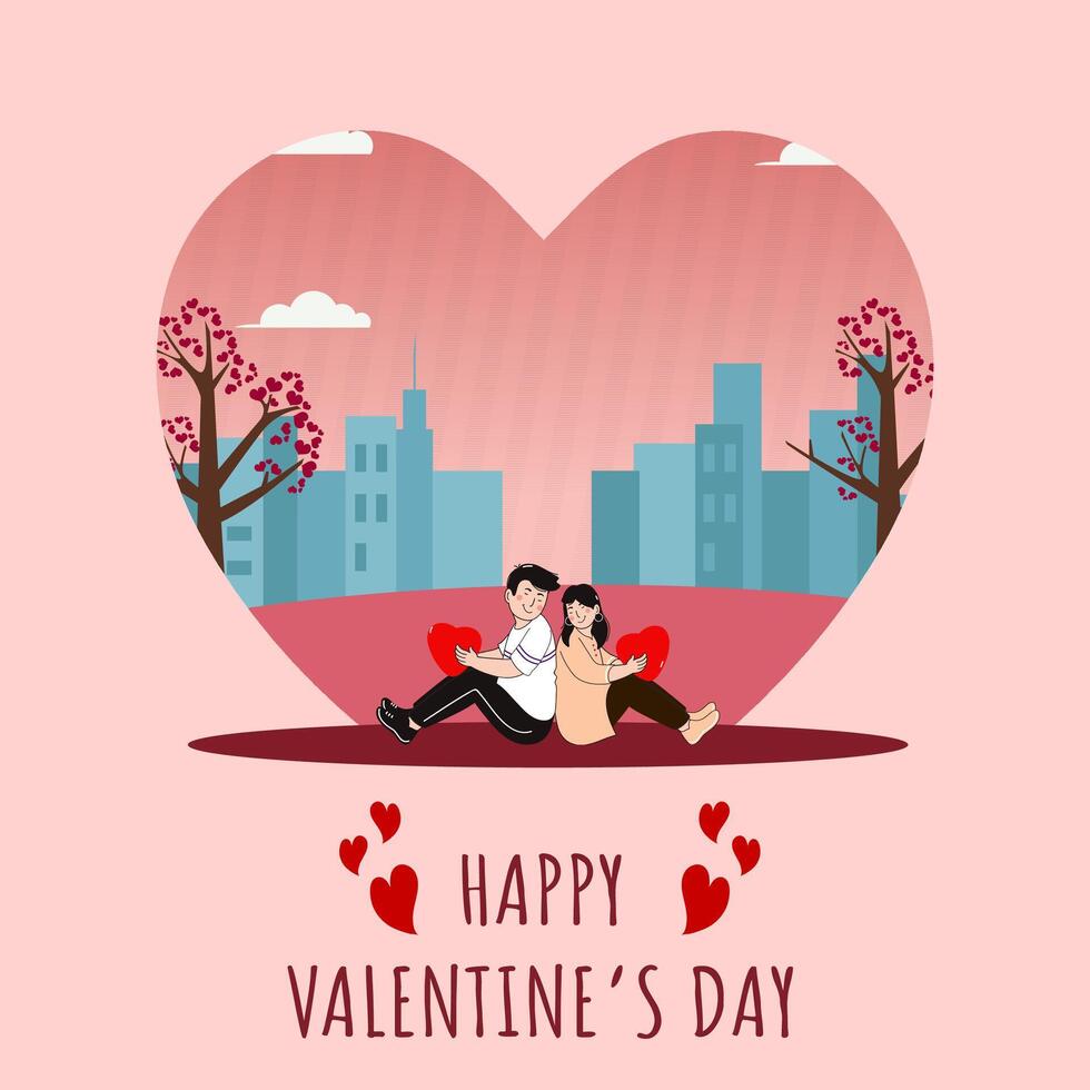 Hap Poster Design with Cartoon Couple Sitting in Front of Buildings and Heart Trees vector