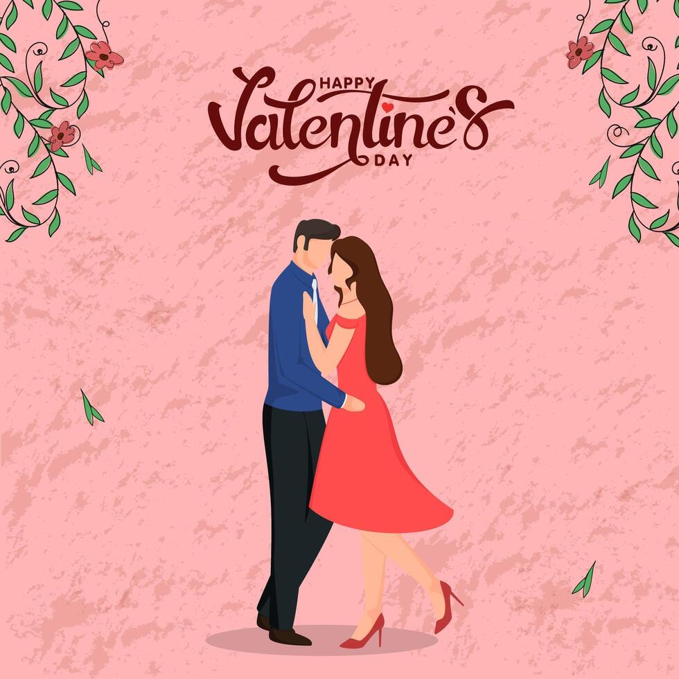 Happy Valentine's Day Greeting Card with Faceless Couple Character in Dancing Pose. vector