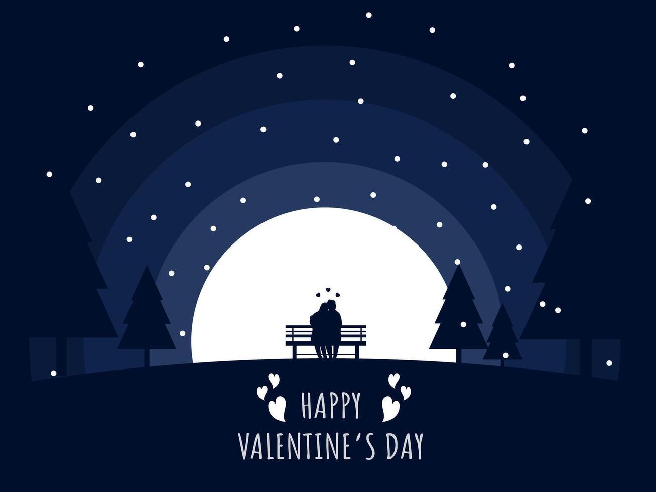 Happy Valentine's Day Greeting Card with Silhouette Couple Sitting on Bench in Moonlight Night Scene. vector