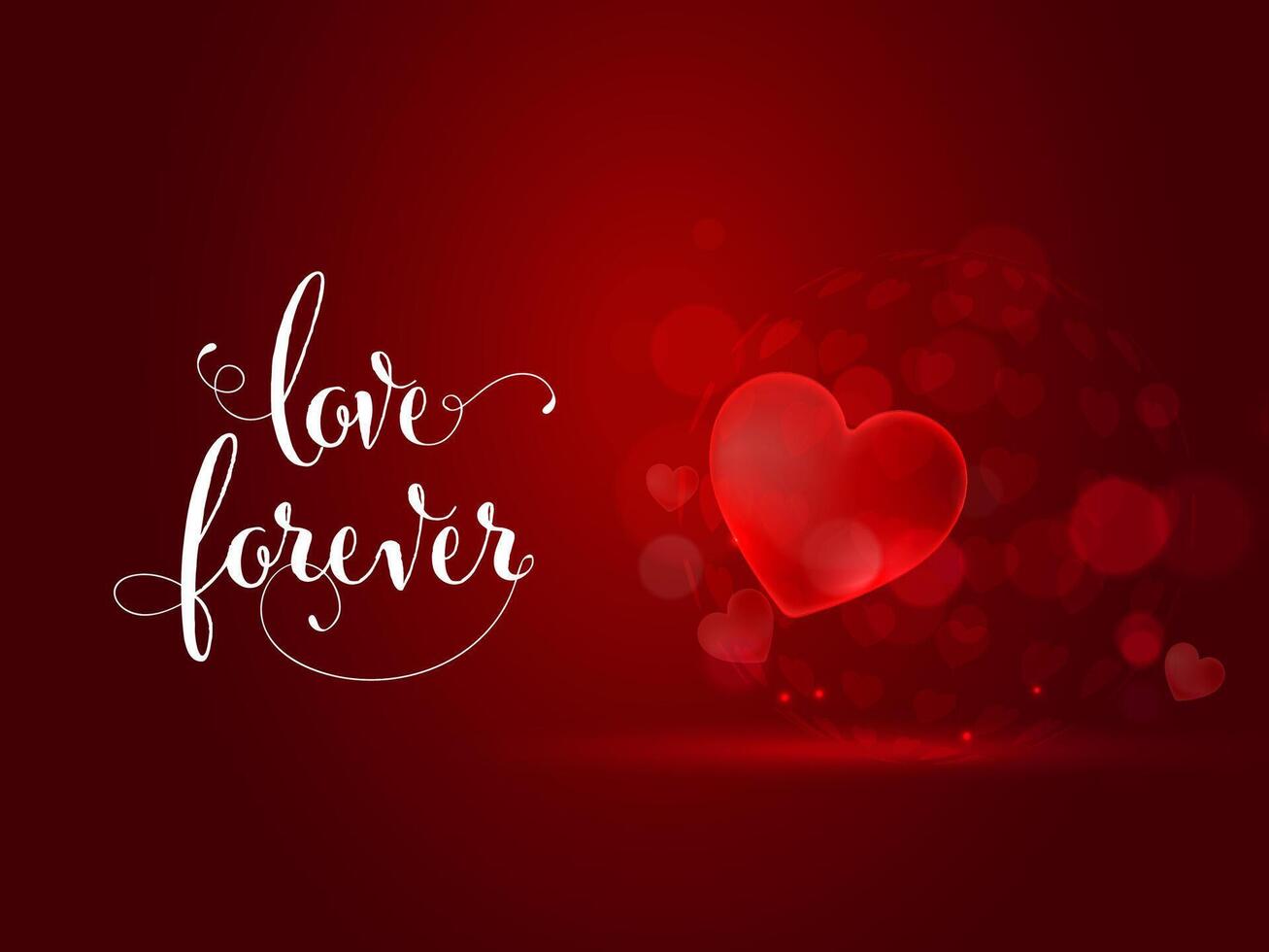 Happy Valentine's Day Poster Design with Love Forever Text, Heart and Sphere on Red Background. vector