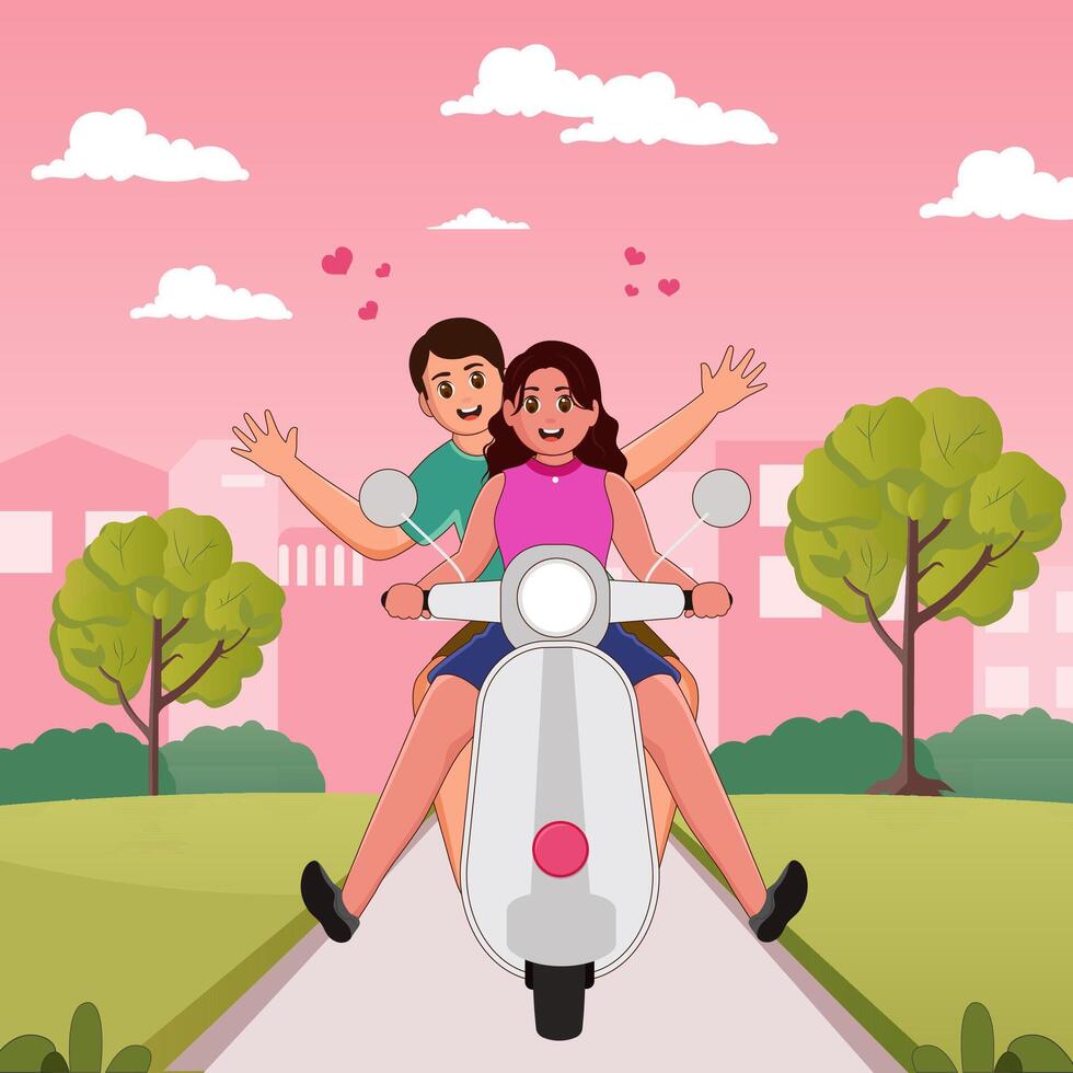 Illustration of Cheerful Couple Riding Scooter on Street Surrounded by Nature View for Happy Valentine's Day and Friendship Day. vector