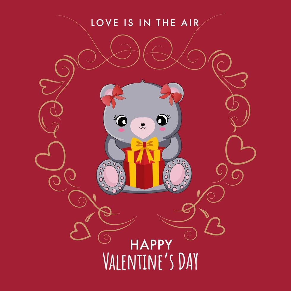 Happy Valentine's Day Greeting Card with Love Is In The Air Message Text and Cute Teddy Bear Holding Gift on Red Background. vector