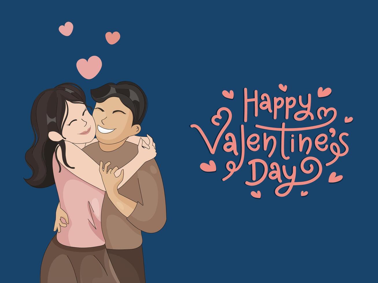 Happy Valentine's Day Greeting Card with Happy Couple Character Hugging on Blue Background. vector