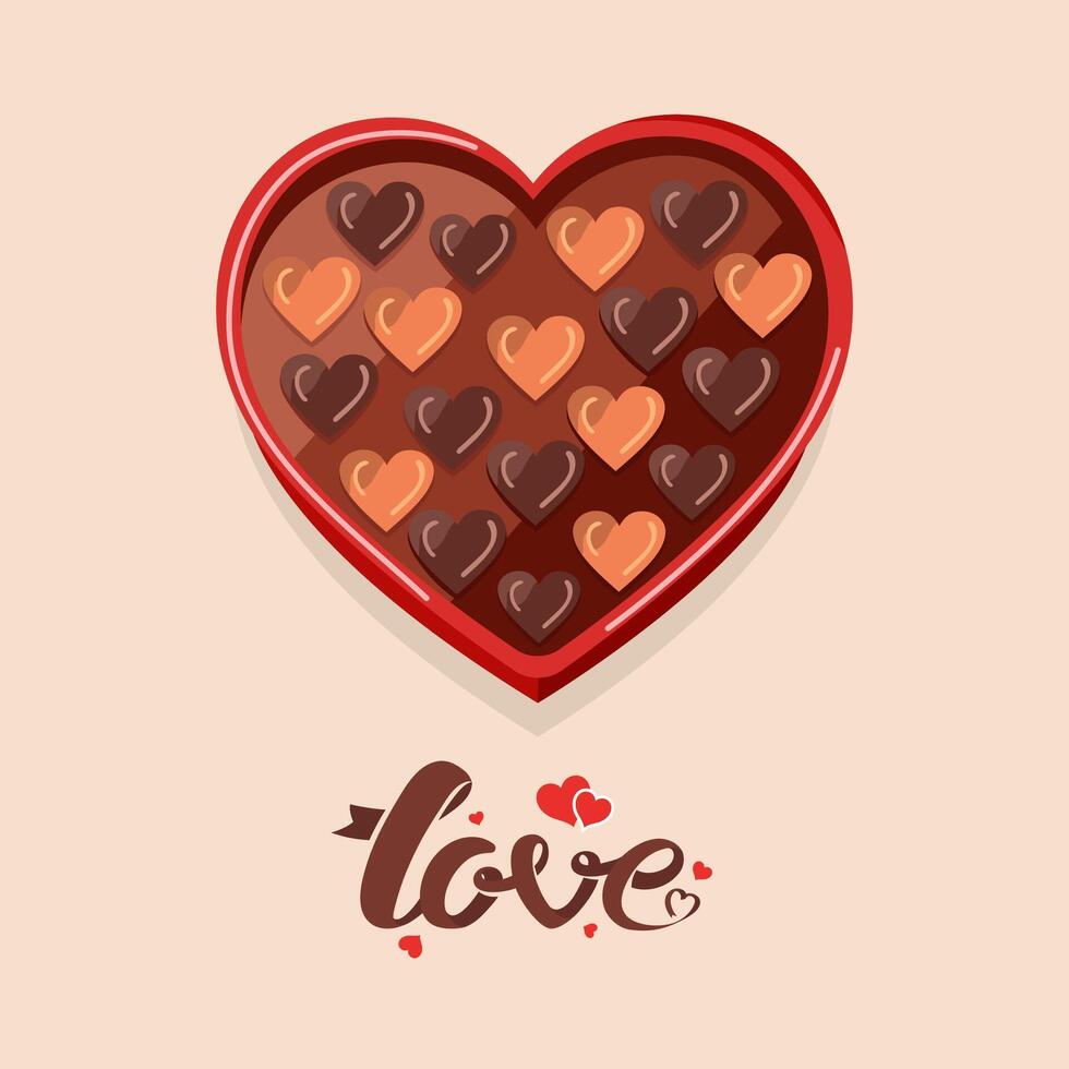 Love Text and Heart Chocolate Box on Beige Background for Happy Valentine's Day Celebration Concept. vector
